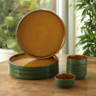 ExclusiveLane 'Forest Canopy' Ceramic Dinner Set (8 Pieces- 4 Dinner Plates & 4 Katoris, Serving for 4, Microwave Safe, Hand Glazed)