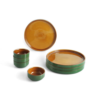 ExclusiveLane 'Forest Canopy' Ceramic Dinner Set (8 Pieces- 4 Dinner Plates & 4 Katoris, Serving for 4, Microwave Safe, Hand Glazed)