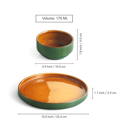 ExclusiveLane 'Forest Canopy' Ceramic Dinner Set (8 Pieces- 4 Dinner Plates & 4 Katoris, Serving for 4, Microwave Safe, Hand Glazed)