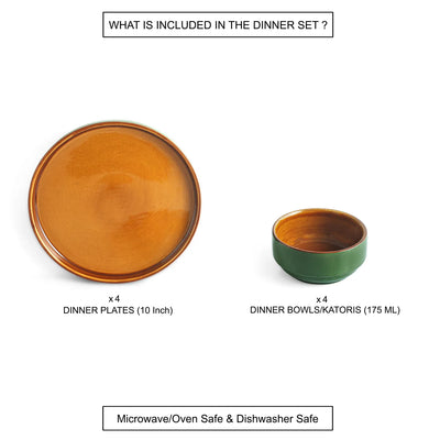ExclusiveLane 'Forest Canopy' Ceramic Dinner Set (8 Pieces- 4 Dinner Plates & 4 Katoris, Serving for 4, Microwave Safe, Hand Glazed)