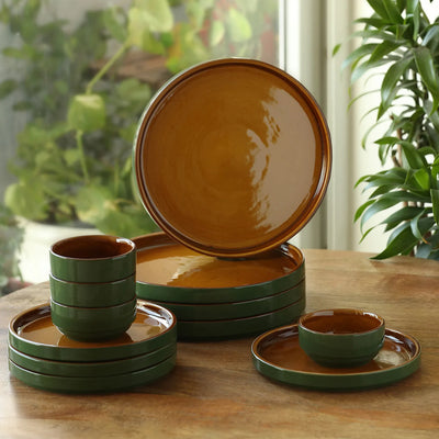 ExclusiveLane 'Forest Canopy' Ceramic Dinner Set (12 Pieces- 4 Dinner Plates, 4 Side/Quarter Plates & 4 Katoris, Serving for 4, Microwave Safe, Hand Glazed)
