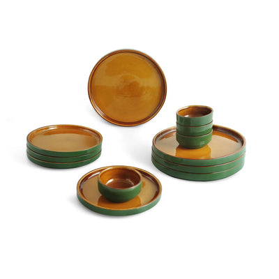 ExclusiveLane 'Forest Canopy' Ceramic Dinner Set (12 Pieces- 4 Dinner Plates, 4 Side/Quarter Plates & 4 Katoris, Serving for 4, Microwave Safe, Hand Glazed)