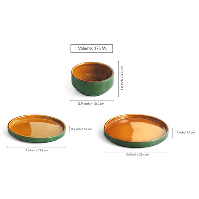 ExclusiveLane 'Forest Canopy' Ceramic Dinner Set (12 Pieces- 4 Dinner Plates, 4 Side/Quarter Plates & 4 Katoris, Serving for 4, Microwave Safe, Hand Glazed)