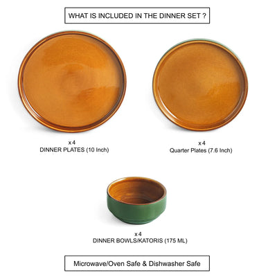 ExclusiveLane 'Forest Canopy' Ceramic Dinner Set (12 Pieces- 4 Dinner Plates, 4 Side/Quarter Plates & 4 Katoris, Serving for 4, Microwave Safe, Hand Glazed)