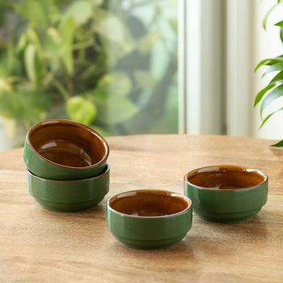 ExclusiveLane 'Forest Canopy' Ceramic Dinner Bowls/Katoris (Set of 4, 175 ML, Microwave Safe, Hand Glazed)