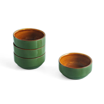 ExclusiveLane 'Forest Canopy' Ceramic Dinner Bowls/Katoris (Set of 4, 175 ML, Microwave Safe, Hand Glazed)