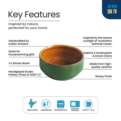 ExclusiveLane 'Forest Canopy' Ceramic Dinner Bowls/Katoris (Set of 4, 175 ML, Microwave Safe, Hand Glazed)