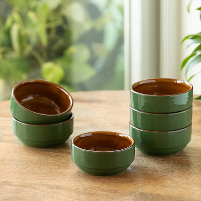 ExclusiveLane 'Forest Canopy' Ceramic Dinner Bowls/Katoris (Set of 6, 175 ML, Microwave Safe, Hand Glazed)