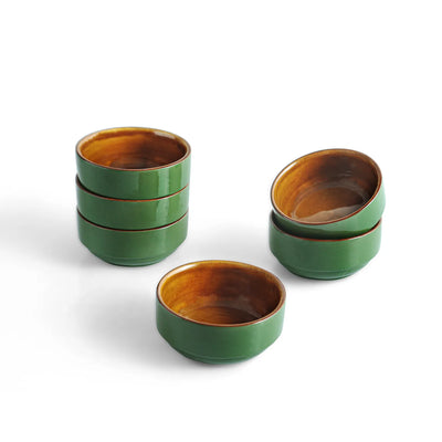 ExclusiveLane 'Forest Canopy' Ceramic Dinner Bowls/Katoris (Set of 6, 175 ML, Microwave Safe, Hand Glazed)