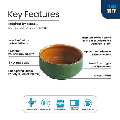 ExclusiveLane 'Forest Canopy' Ceramic Dinner Bowls/Katoris (Set of 6, 175 ML, Microwave Safe, Hand Glazed)