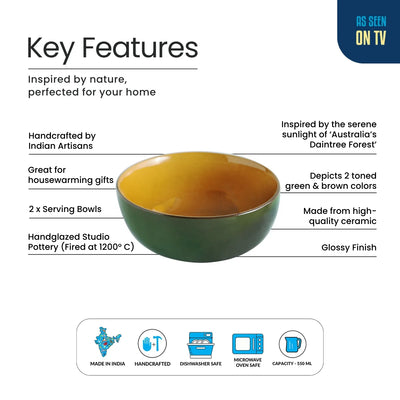 ExclusiveLane 'Forest Canopy' Ceramic Serving Bowls (Set of 2, 550 ML, Microwave Safe, Hand Glazed)