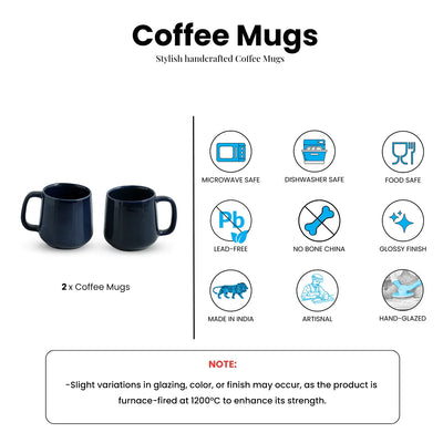 ExclusiveLane 'Mariana Blues' Ceramic Tea & Coffee Mugs (Set of 2, 340 ML, Microwave Safe, Hand Glazed)