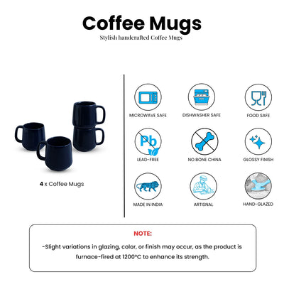ExclusiveLane 'Mariana Blues' Ceramic Tea & Coffee Mugs (Set of 4, 340 ML, Microwave Safe, Hand Glazed)
