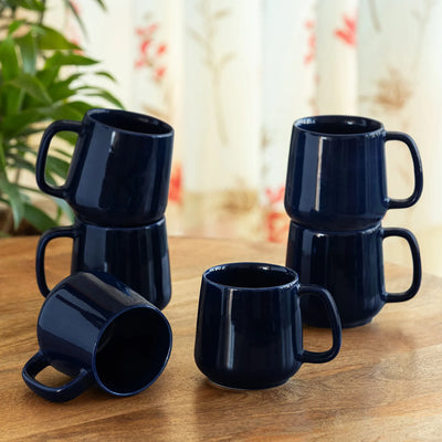 ExclusiveLane 'Mariana Blues' Ceramic Tea & Coffee Mugs (Set of 6, 340 ML, Microwave Safe, Hand Glazed)
