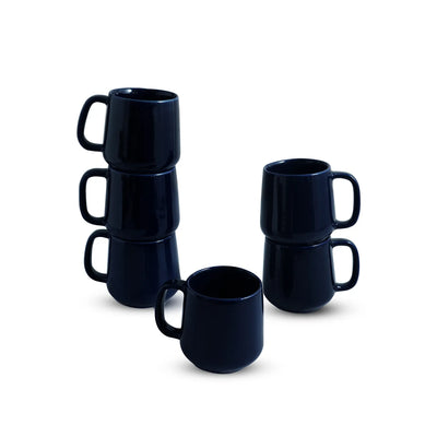 ExclusiveLane 'Mariana Blues' Ceramic Tea & Coffee Mugs (Set of 6, 340 ML, Microwave Safe, Hand Glazed)