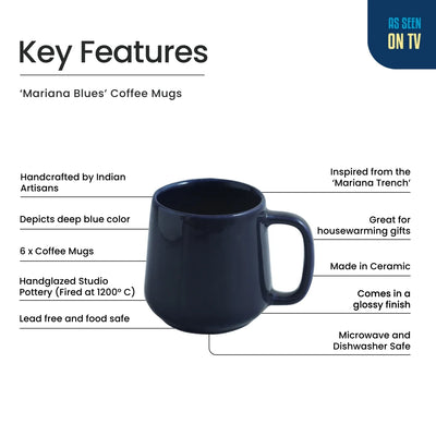 ExclusiveLane 'Mariana Blues' Ceramic Tea & Coffee Mugs (Set of 6, 340 ML, Microwave Safe, Hand Glazed)