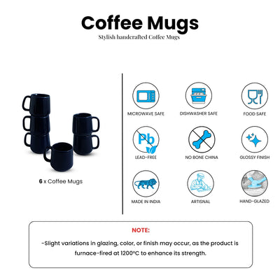 ExclusiveLane 'Mariana Blues' Ceramic Tea & Coffee Mugs (Set of 6, 340 ML, Microwave Safe, Hand Glazed)