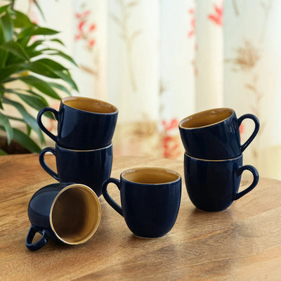 ExclusiveLane 'Mariana Blues' Ceramic Tea Cups (Set of 6, 190 ML, Microwave Safe, Hand Glazed)