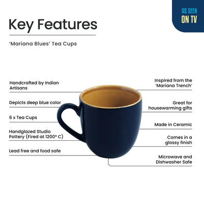 ExclusiveLane 'Mariana Blues' Ceramic Tea Cups (Set of 6, 190 ML, Microwave Safe, Hand Glazed)