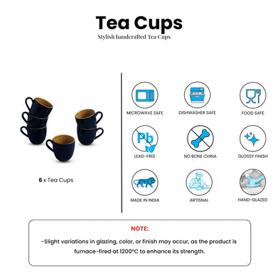 ExclusiveLane 'Mariana Blues' Ceramic Tea Cups (Set of 6, 190 ML, Microwave Safe, Hand Glazed)
