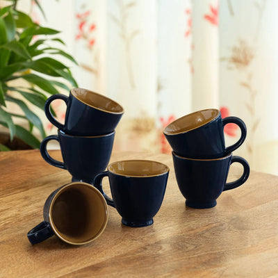 ExclusiveLane 'Mariana Blues' Ceramic Tea Cups (Set of 6, 160 ML, Microwave Safe, Hand Glazed)