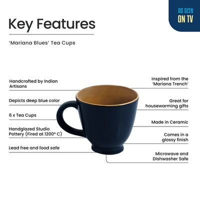 ExclusiveLane 'Mariana Blues' Ceramic Tea Cups (Set of 6, 160 ML, Microwave Safe, Hand Glazed)