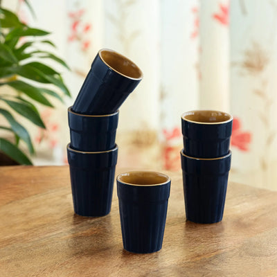 ExclusiveLane 'Mariana Blues' Ceramic Tea/Chai Glasses (Set of 6, 120 ML, Microwave Safe, Hand Glazed)