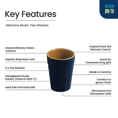 ExclusiveLane 'Mariana Blues' Ceramic Tea/Chai Glasses (Set of 6, 120 ML, Microwave Safe, Hand Glazed)