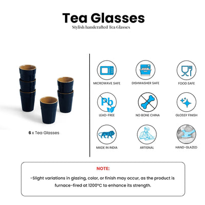 ExclusiveLane 'Mariana Blues' Ceramic Tea/Chai Glasses (Set of 6, 120 ML, Microwave Safe, Hand Glazed)