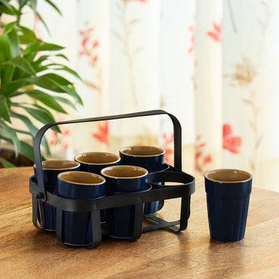 ExclusiveLane 'Mariana Blues' Ceramic Tea/Chai Glasses With Iron Holder (Set of 6, 120 ML, Microwave Safe, Hand Glazed)