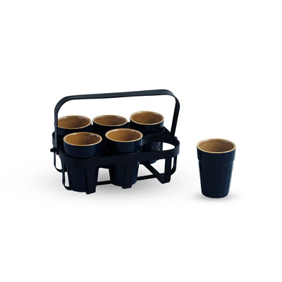 ExclusiveLane 'Mariana Blues' Ceramic Tea/Chai Glasses With Iron Holder (Set of 6, 120 ML, Microwave Safe, Hand Glazed)