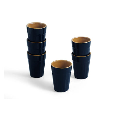 ExclusiveLane 'Mariana Blues' Ceramic Tea/Chai Glasses With Iron Holder (Set of 6, 120 ML, Microwave Safe, Hand Glazed)
