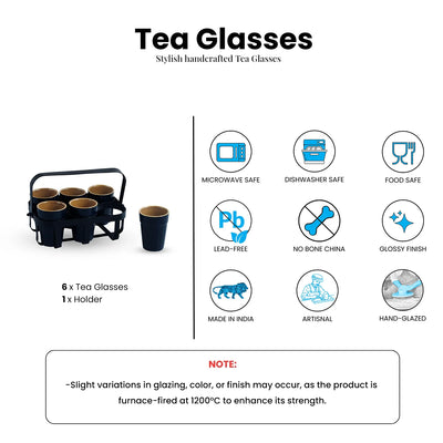 ExclusiveLane 'Mariana Blues' Ceramic Tea/Chai Glasses With Iron Holder (Set of 6, 120 ML, Microwave Safe, Hand Glazed)