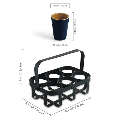 ExclusiveLane 'Mariana Blues' Ceramic Tea/Chai Glasses With Iron Holder (Set of 6, 120 ML, Microwave Safe, Hand Glazed)