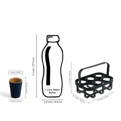 ExclusiveLane 'Mariana Blues' Ceramic Tea/Chai Glasses With Iron Holder (Set of 6, 120 ML, Microwave Safe, Hand Glazed)