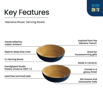 ExclusiveLane 'Mariana Blues' Ceramic Serving/Snack Bowls (Set Of 2, 570 ML, Microwave Safe, Hand Glazed)