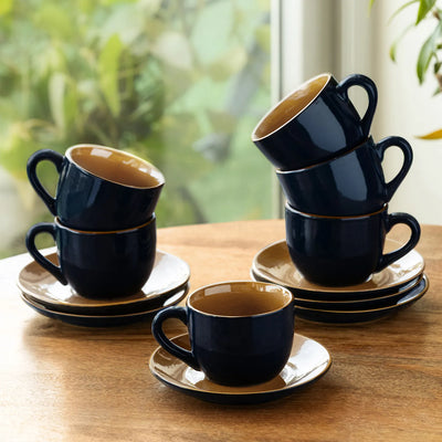 ExclusiveLane 'Mariana Blues' Ceramic Tea Cups & Saucers (Set of 6, 180 ML, Microwave Safe, Hand Glazed)