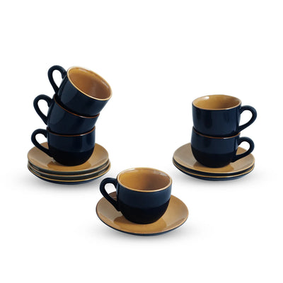 ExclusiveLane 'Mariana Blues' Ceramic Tea Cups & Saucers (Set of 6, 180 ML, Microwave Safe, Hand Glazed)