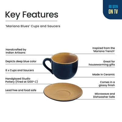 ExclusiveLane 'Mariana Blues' Ceramic Tea Cups & Saucers (Set of 6, 180 ML, Microwave Safe, Hand Glazed)