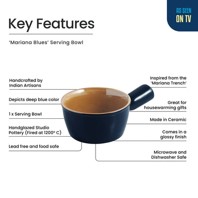 ExclusiveLane 'Mariana Blues' Ceramic Serving/Snack Bowls (420 ML, Microwave Safe, Hand Glazed)