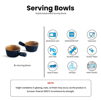 ExclusiveLane 'Mariana Blues' Ceramic Serving/Snack Bowls (Set of 2, 420 ML, Microwave Safe, Hand Glazed)