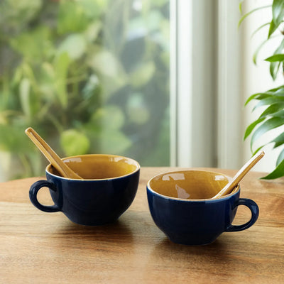ExclusiveLane 'Mariana Blues' Ceramic Soup Bowls With Spoons (Set of 2, 320 ML, Microwave Safe, Hand Glazed)