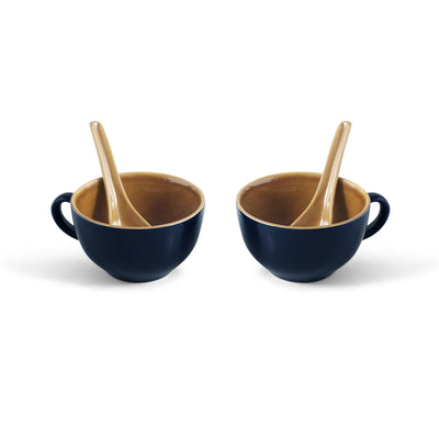 ExclusiveLane 'Mariana Blues' Ceramic Soup Bowls With Spoons (Set of 2, 320 ML, Microwave Safe, Hand Glazed)