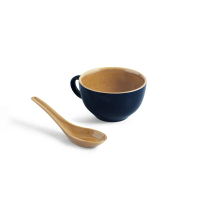 ExclusiveLane 'Mariana Blues' Ceramic Soup Bowls With Spoons (Set of 2, 320 ML, Microwave Safe, Hand Glazed)