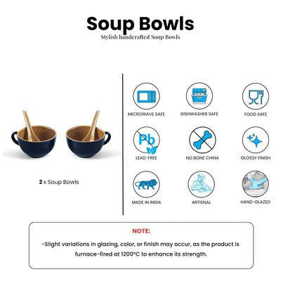 ExclusiveLane 'Mariana Blues' Ceramic Soup Bowls With Spoons (Set of 2, 320 ML, Microwave Safe, Hand Glazed)
