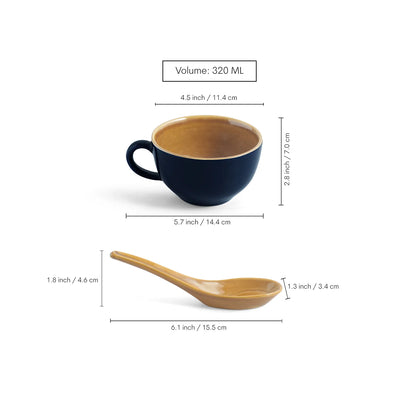 ExclusiveLane 'Mariana Blues' Ceramic Soup Bowls With Spoons (Set of 2, 320 ML, Microwave Safe, Hand Glazed)