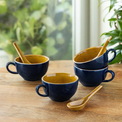ExclusiveLane 'Mariana Blues' Ceramic Soup Bowls With Spoons (Set of 4, 320 ML, Microwave Safe, Hand Glazed)