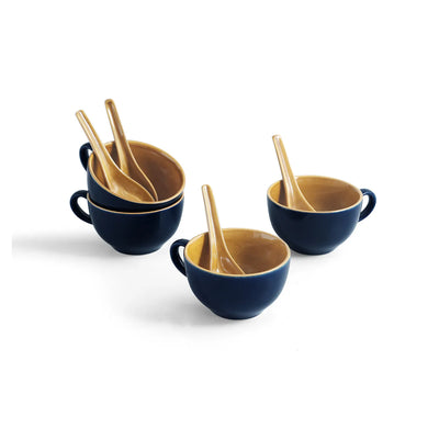 ExclusiveLane 'Mariana Blues' Ceramic Soup Bowls With Spoons (Set of 4, 320 ML, Microwave Safe, Hand Glazed)