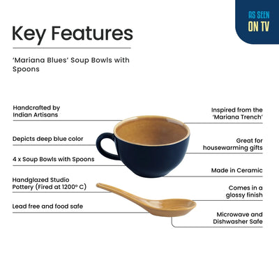 ExclusiveLane 'Mariana Blues' Ceramic Soup Bowls With Spoons (Set of 4, 320 ML, Microwave Safe, Hand Glazed)