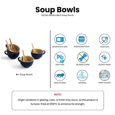 ExclusiveLane 'Mariana Blues' Ceramic Soup Bowls With Spoons (Set of 4, 320 ML, Microwave Safe, Hand Glazed)